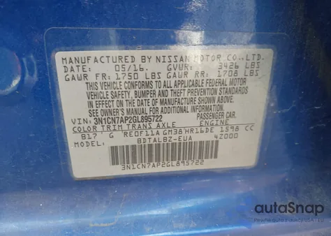 2016 Nissan Versa 1.6 S/1.6 S+/1.6 Sl/1.6 Sv из США, поврежденный, VIN 3N1CN7AP2GL895722